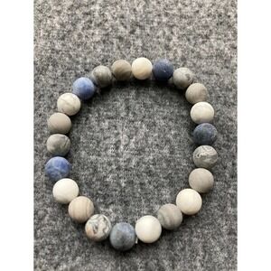 Matte Stone Beaded Stretch Bracelet Gray Blue White‎ Earth Tones